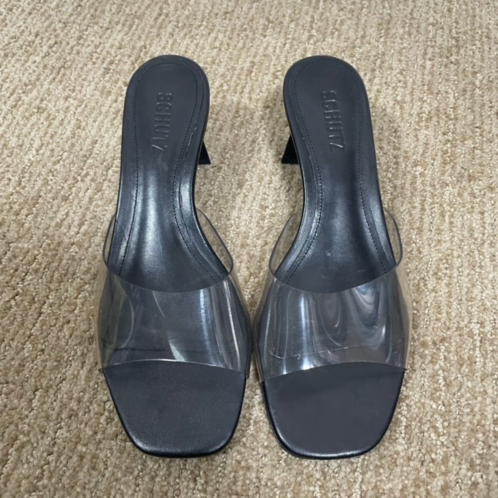 Schutz Mule Sandals Womens 7B Black Clear PVC Block Heel Contemporary Minimalist